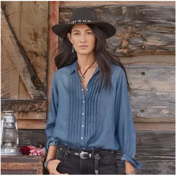 Sundance Tessa Chambray Pleated Top Blue Small Western - Picture 1 of 7